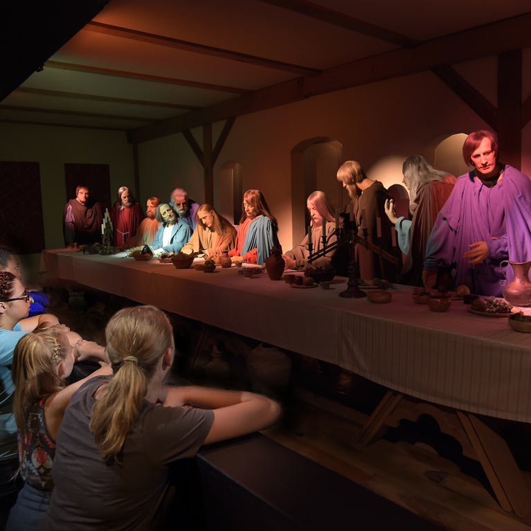 The BibleWalk is a life-size biblical wax museum featuring rare Bibles and wood carvings.